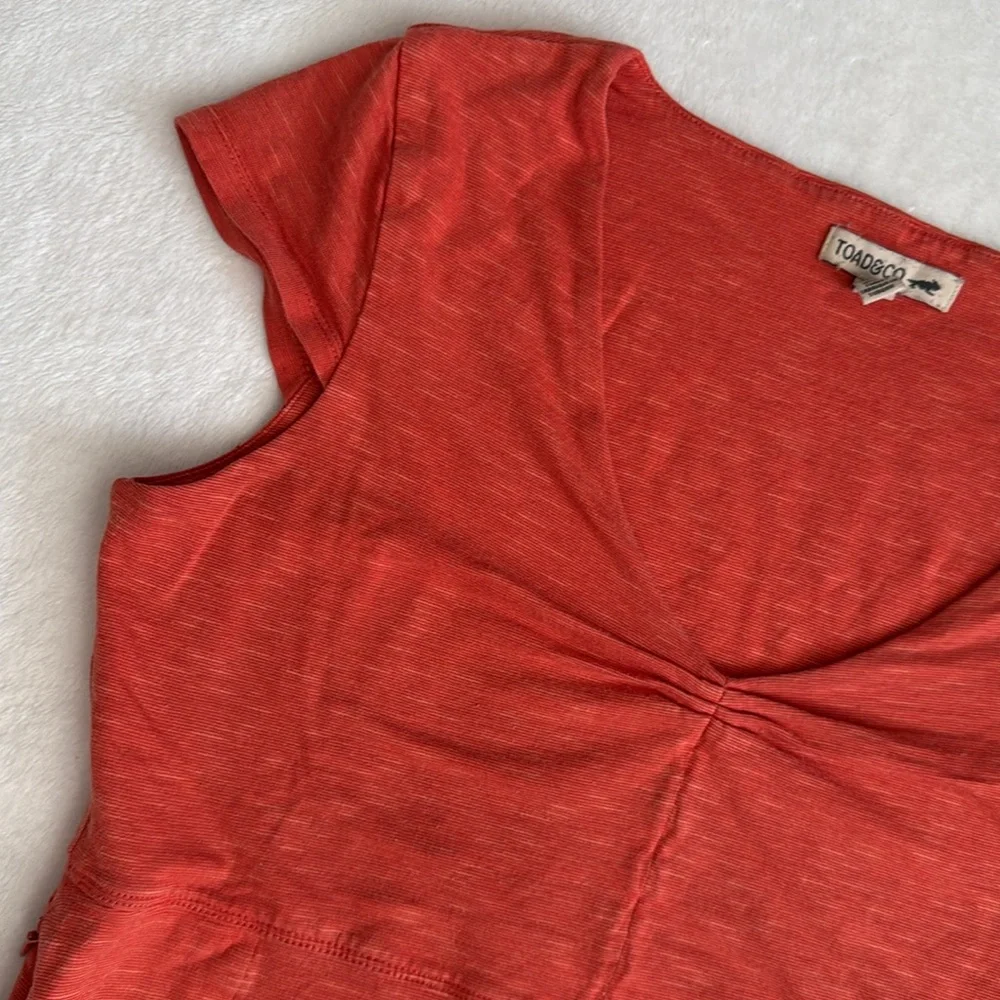 Toad & Co | Rosemarie V-Neck A-Line Cap Sleeve Dress Pocket Orange Stripe (S) - Picture 4 of 15